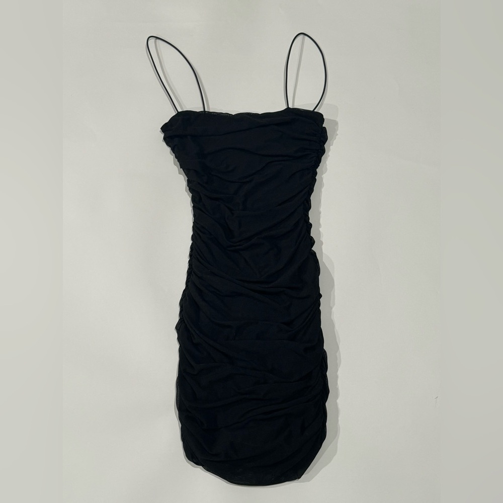 Oh Polly Simply Bliss Ruched Mesh Bodycon Mini Dress in Black XS